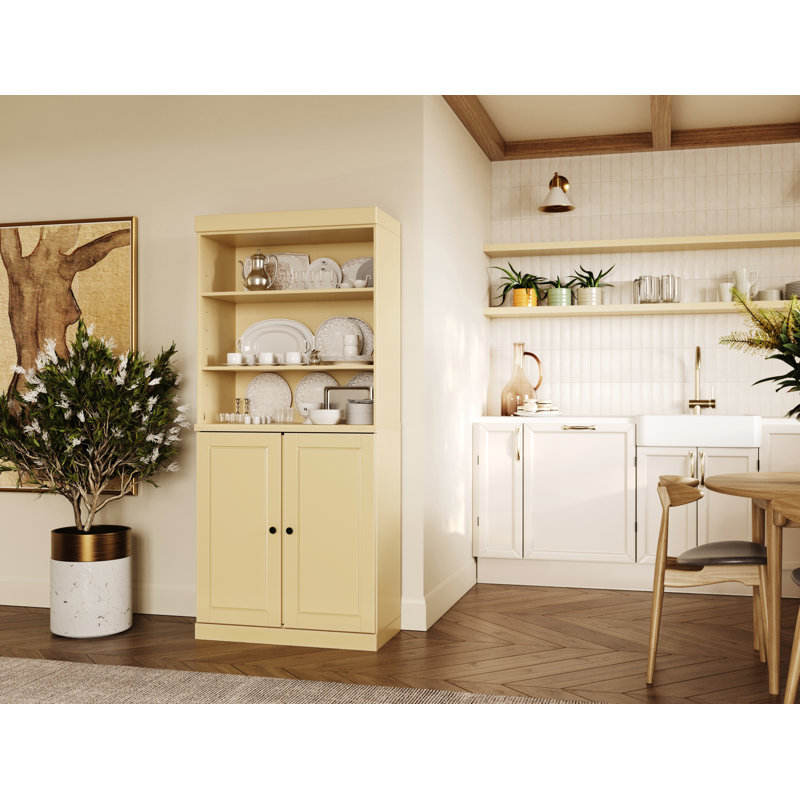 Garde-manger Birce 100% bois massif 32 po avec portes solides, 2 tiroirs et tablettes réglables, Jaune