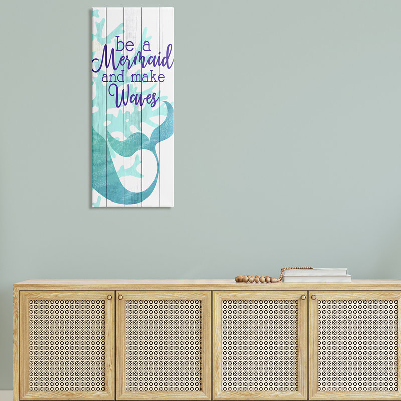 «Make Waves Mermaid Saying Calligraphy Turquoise Tail» par Kim Allen - impression, H 40 po x l 17 po x P 1,5 po, Toile tendue