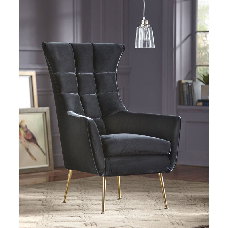 Upholstered Wingback Chair, Black Velvet Polyester Blend