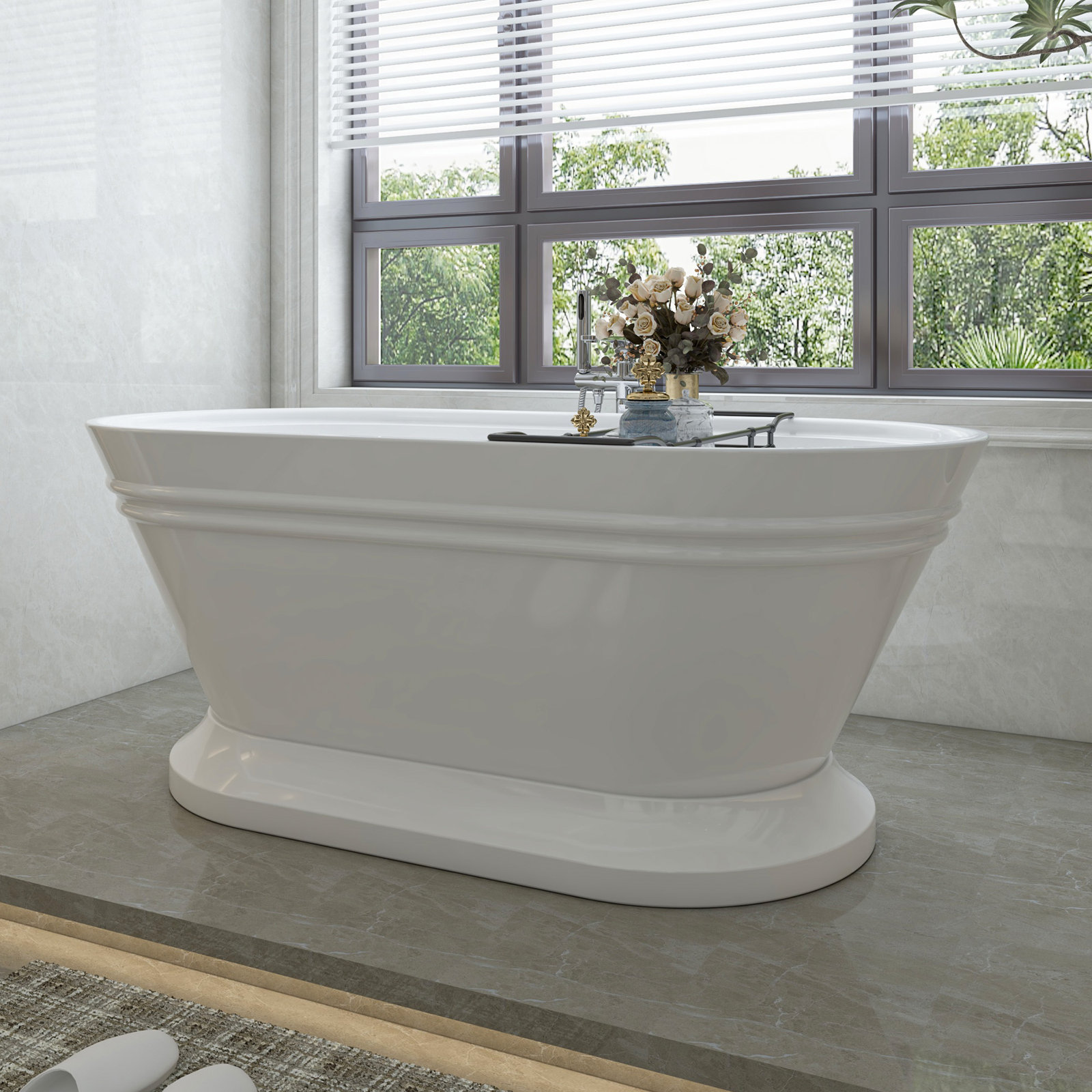 Athena 59" Freestanding Soaking Acrylic Bathtub, White/Brushed Nickel