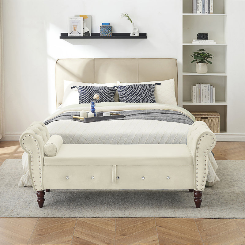 Banc de rangement en velours Larain, Beige