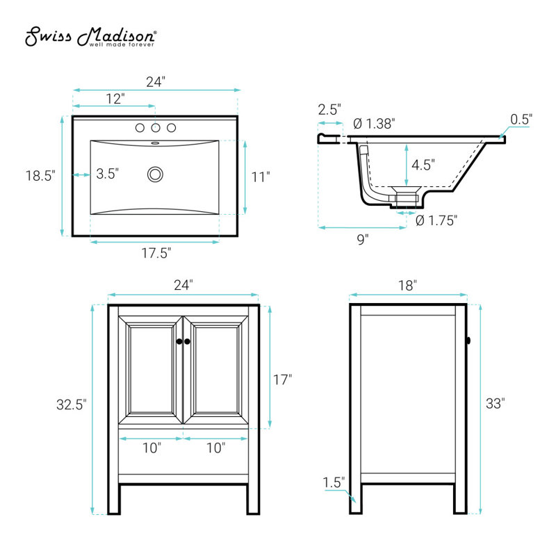 Château 24" Freestanding Bathroom Vanity Oak with Sink Top, White, 4" Centers, Golden