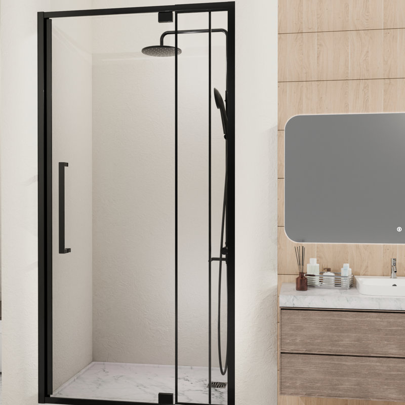 56 à 60 po Large porte de douche à charnière semi-pivotante en verre trempé de 72 mm de hauteur, 1/4 po de 6 mm, noir mat, réversible, poignée en acier inoxydable pour une utilisation facile et durable
