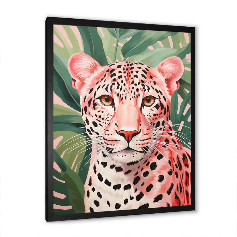 Vert et rose léopard, élégance tropicale V - impressions sur toile léopard, Cadre simple noir, H 20 po x l 12 po x P 1 po