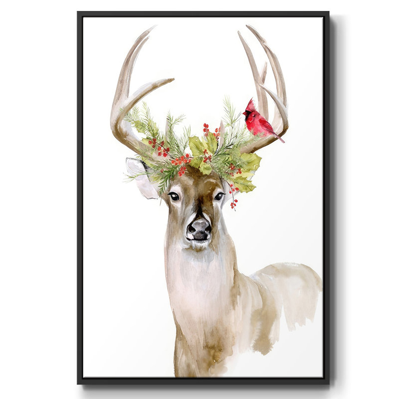 «Holiday Deer I», reproduction d'art sur toile, Cadre noir, H 25 po x l 17 po x P 1,5 po