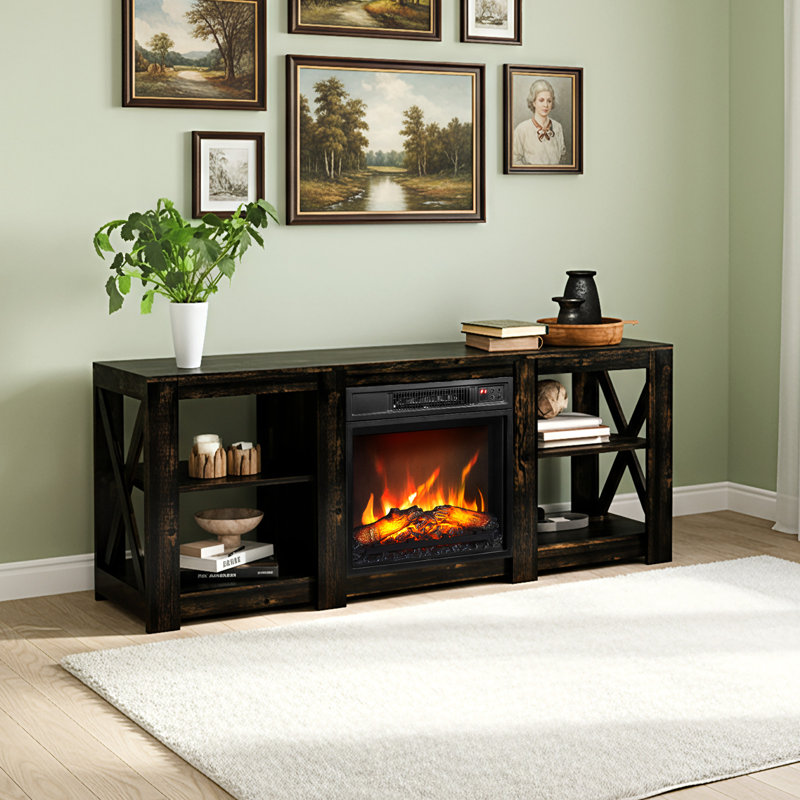 Farmhouse 58'' TV Stand For Tvs Up To 70'' With Electric Fireplace And Adjustable Shelves, Black