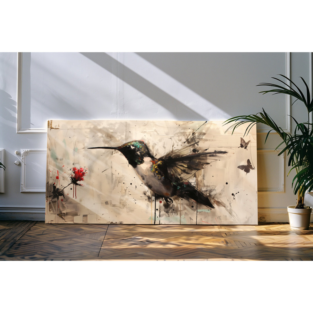 Wandbild 120x60cm Kunstwerk Kolibri kleiner Vogel rote Blume Schmetterlinge