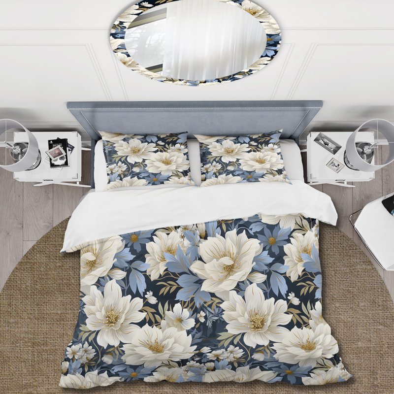 Motif floral bleu rétro - ensemble de housse de couette floral - microfibre de polyester