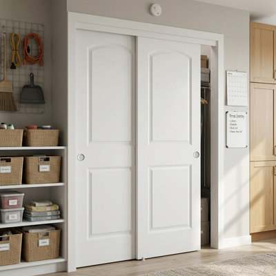 60"X80" 2-Panel Round Top Sliding Closet Doors, White Primed Molded Closet Sliding Doors With Installation Hardware Kit