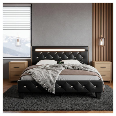 Base de lit plateforme de luxe grand format avec tête de lit à DEL RVB, station de charge et revêtement en similicuir capitonné en cristal - Mobilier de chambre à hauteur réglable noir