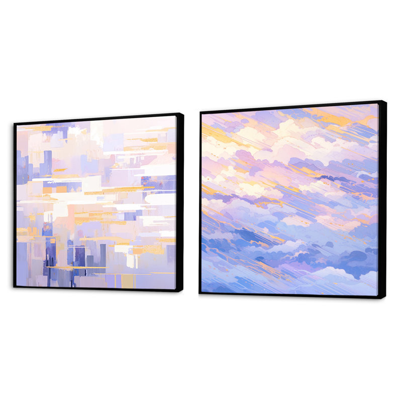 Contemporary Lavender Bold Illumination - Ensemble de 2 collages carrés géométriques abstraits, Cadre flottant noir