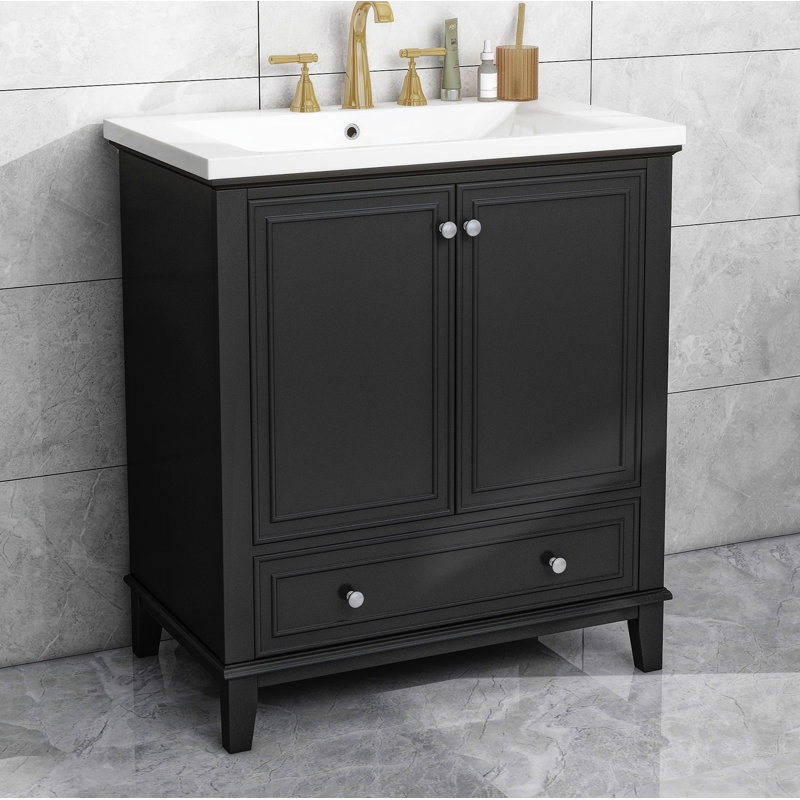 Meuble-lavabo en céramique 30 po avec portes et tiroir 30 po, Noir, noir, noir, noir