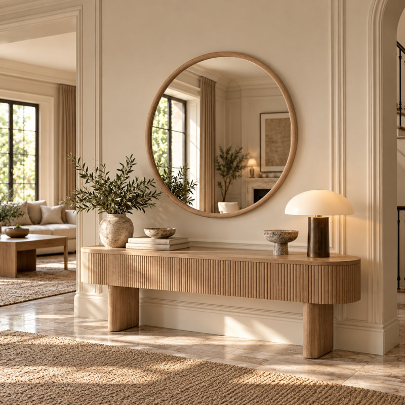 Large Solid Oak Round Wood Nashelle Wall Mirror, 90cm x 90cm, Oak Wood