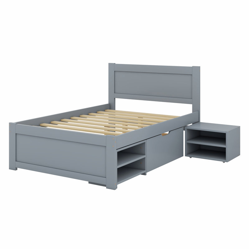 Lit plateforme avec tiroir et deux tablettes, Gris