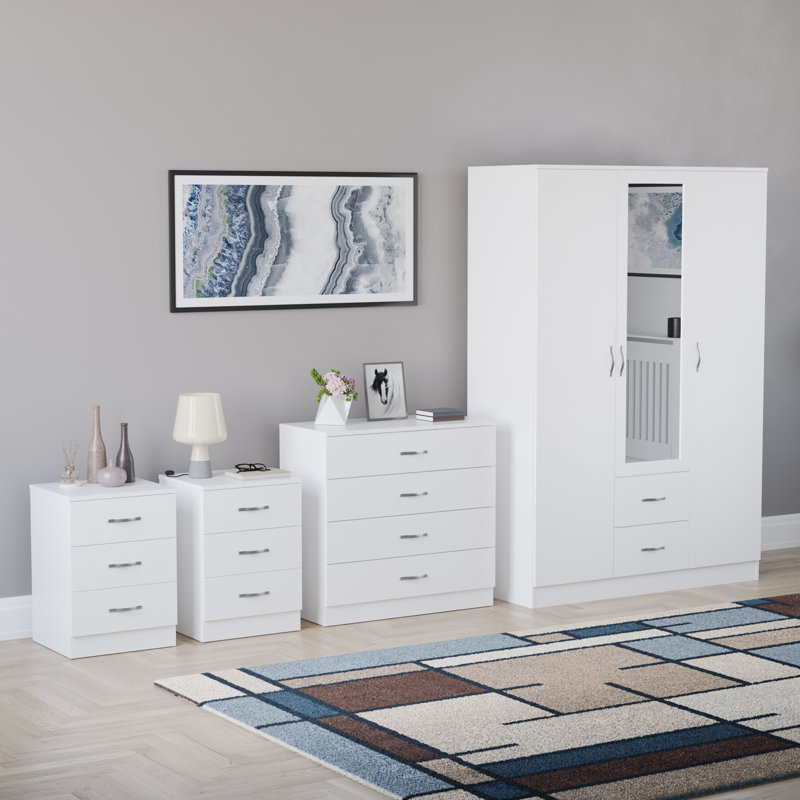 Tayce 4 Piece Bedroom Set (3 Drawer Bedside Chest X2, 4 Drawer Chest, 3 Door 2 Drawer Mirrored Wardrobe), White
