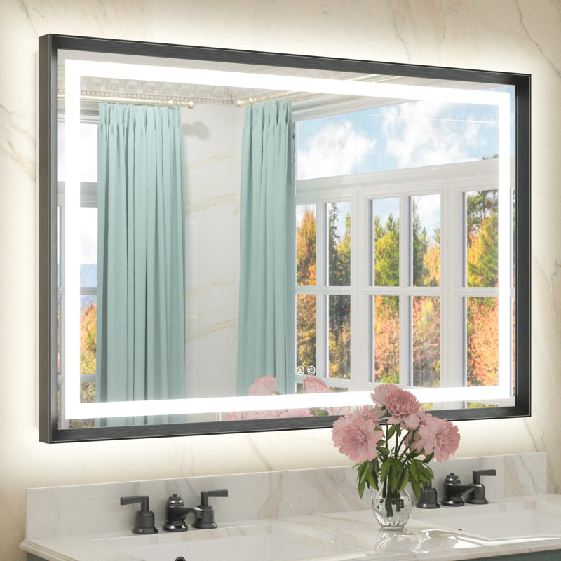 Miroir de salle de bain à DEL avant et rétro-éclairé Dineen avec cadre en aluminium et verre trempé, Noir, 48 po x 32 po