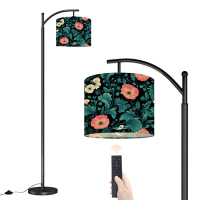 Arc Floor Lamp with Adjustable Lampshade Vibrant Floral Coral White Dark Standing Lamp 3 Color Temperatures Dimmable Tall Pole Lamp with Foot Switch for Bedroom