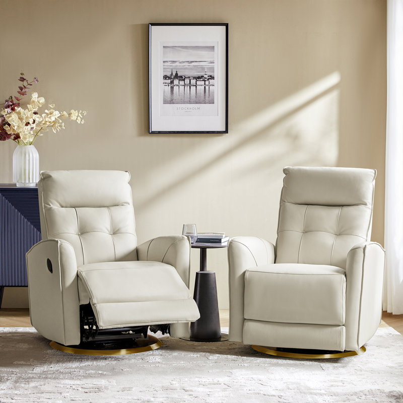 Ocia Oleana Genuine Leather Swivel Rocker Recliner, Beige