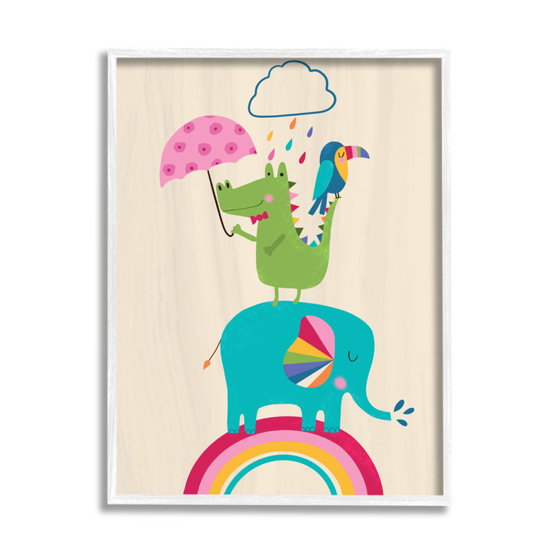 Animaux debout sur un arc-en-ciel, éléphant, alligator Toucan par - impression, Cadre blanc, H 30 po x l 24 po x P 4 po