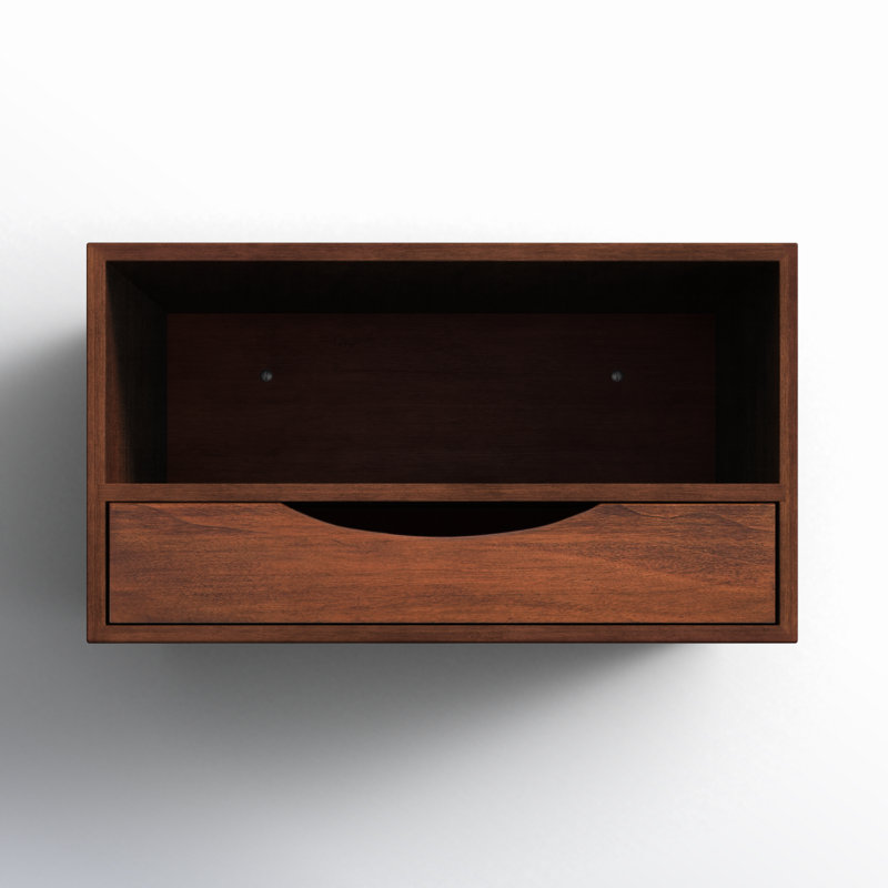 Adeana Poplar Solid Wood Floating Shelf with Drawer, Dark Walnut