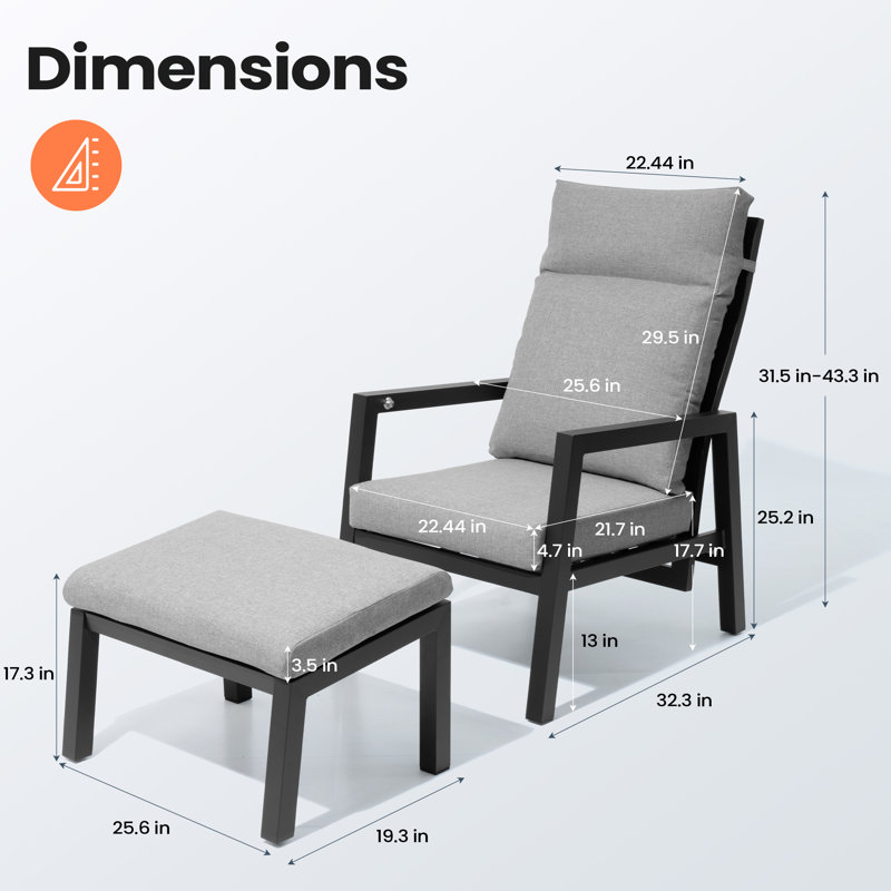 Push-button Pneumatic Adjustable Aluminum Patio Lounge Chair with Cushions and Ottoman, Gray