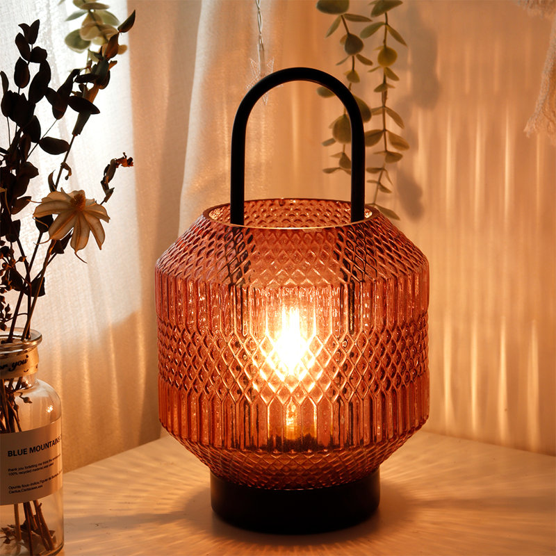 Battery Operated Glass Table Lamp 10.5" H Cordless Battery Lamps LED Lantern with 6H Timer