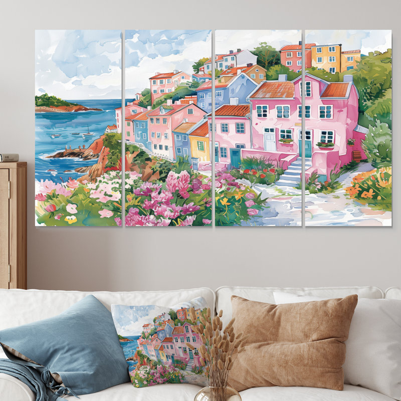 Ensemble de salon art mural rose, rose et vert Italie Coastal Village III, H 32 po x l 64 po