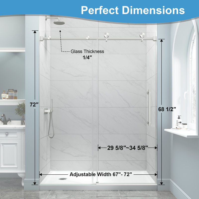 67"-72" W x 72" H Single Sliding Frameless Shower Door in Brushed Nickel with 1/4" (6mm) Clear Tempered Glass, Stainless Steel Frame, Large Handle