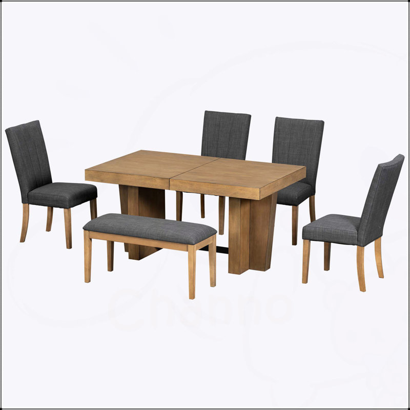 Ensemble de table de salle à manger extensible en bois pour 6 personnes avec banc et chaises rembourrées Farmhouse, plateau épais de 3,8 pouces, gris