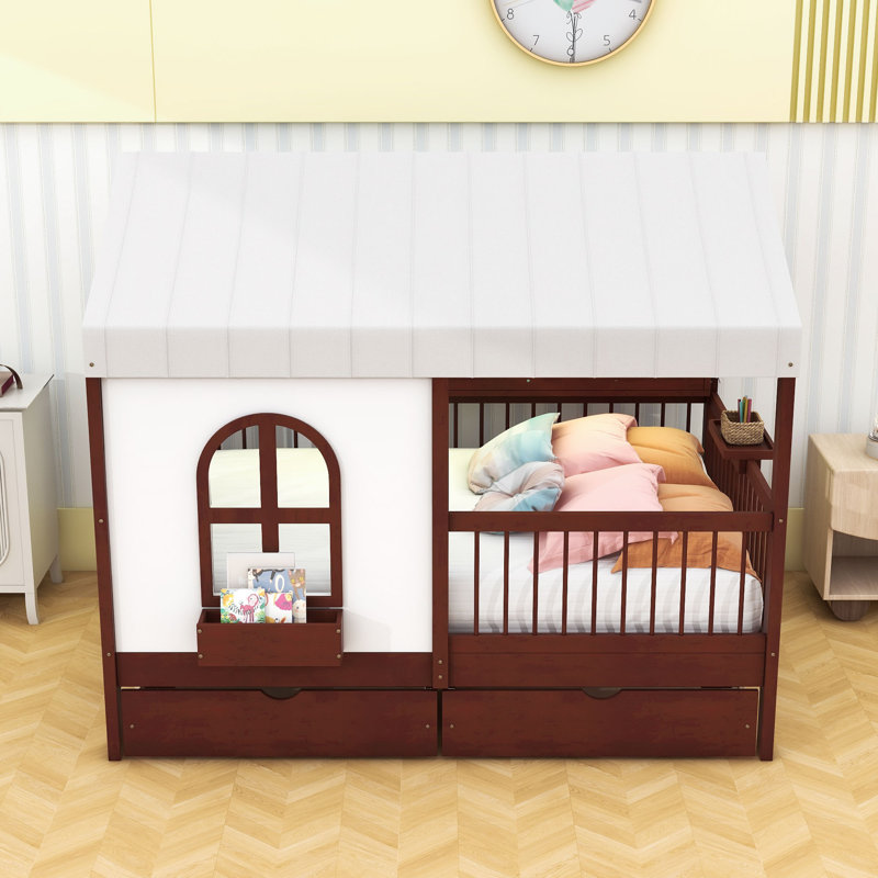 Full Size Wooden House-Shaped Bed With Charging Board, Shelf, Drawers And LED Strip, Espresso