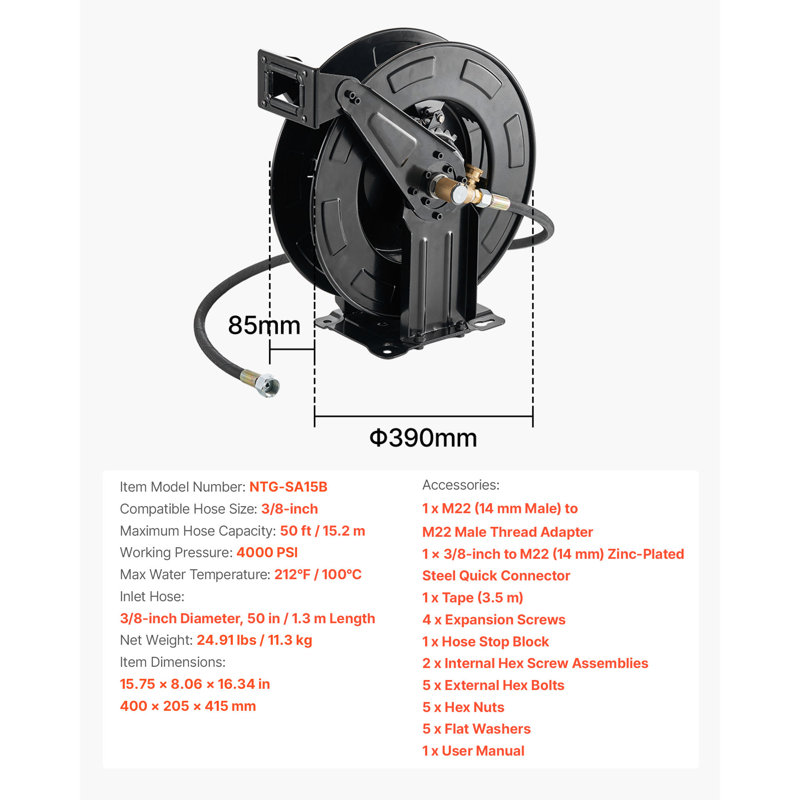 Steel Wall Hose Reel, 15.2m