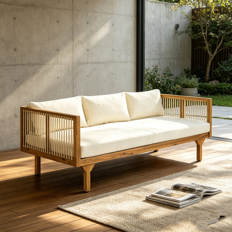 Outdoor Patio Sofa with Cushion, Teak+ Beige
