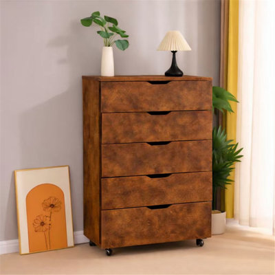 Commode à 5 tiroirs avec roulettes, commode à roulettes rustique pour chambre à coucher