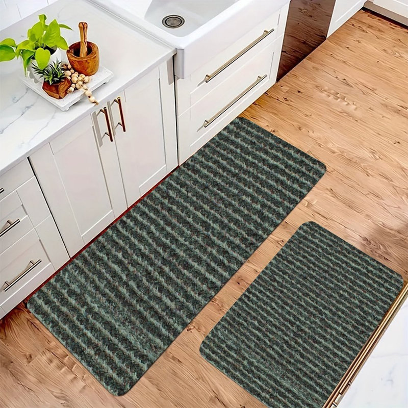 Tapis de cuisine antidérapant rayé vert foncé, 2 pièces