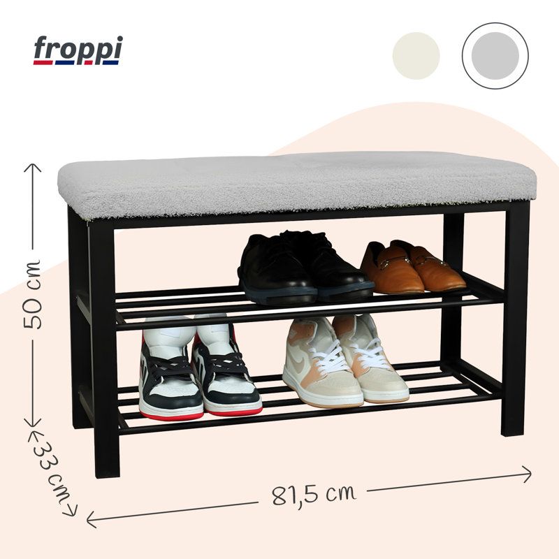 Black Metal Shoe Bench with Teddy Boucle Padded Seat | 2-Tiered Shoe Rack L81.5 W33 H50 cm, Grey