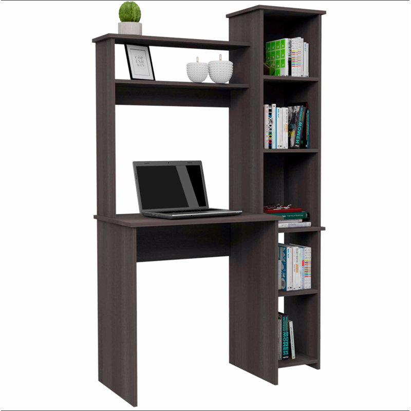 Bureau d'écriture à 6 tablettes avec bibliothèque intégrée Smokey Oak, Brun
