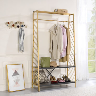 Pahor Gold & Black Finish Hall Tree With 2 Tier Shelves And Hanging Rail For Organized Entryways