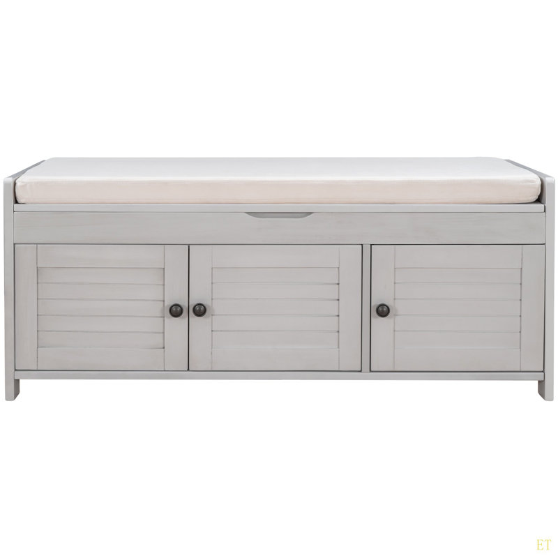 Storage Bench With 3 Shutter-Shaped Doors, Shoe Bench With Removable Cushion And Hidden Storage Space, Gray Wash
