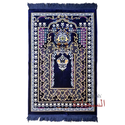 Tapis de prière islamique - fleurs bleu foncé Mehrab colorées Ja Namaz Salah