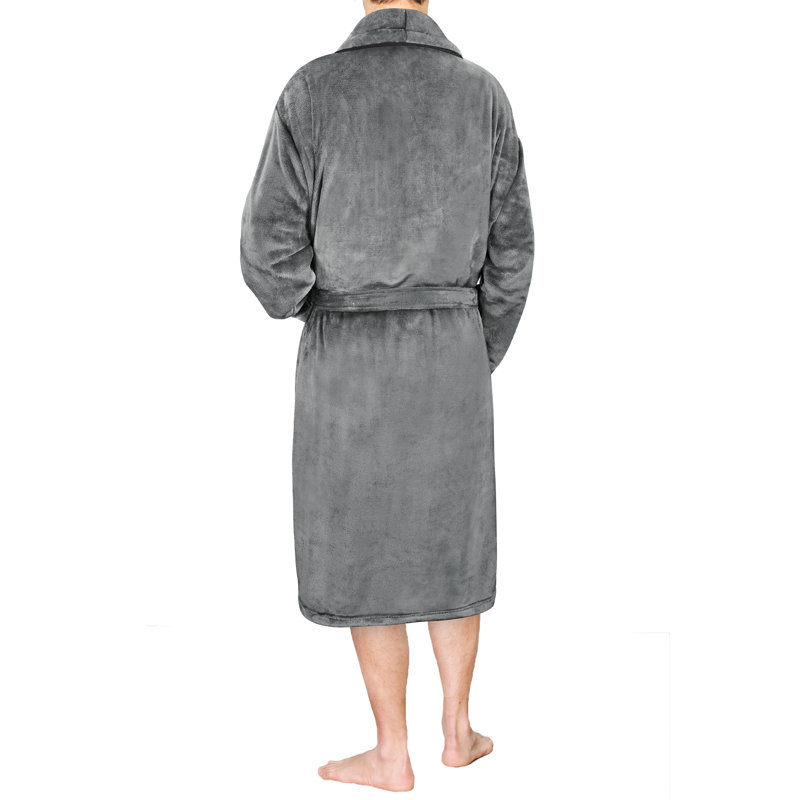 Kalyia Fleece Boy / Man+ Mid-Calf Bathrobe with Pockets, Gray
