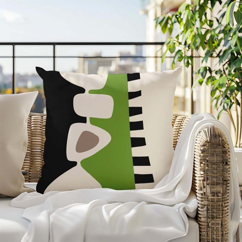 Oreiller carré réversible intérieur / extérieur Kanai, Chartreuse / noir / blanc cassé abstrait, H 17 po x l 17 po