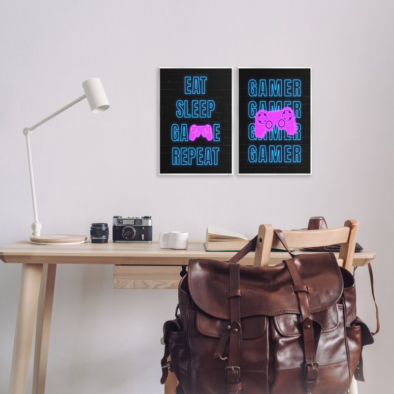 Ensemble de 2 plaques murales Neon Gamer Eat Sleep par Nina Blue