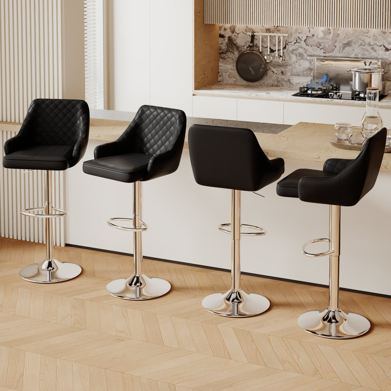 Aryelle Bar Stools Set of 4, Adjustable Counter Height Stools with Back and Arm, Modern Swivel Bar Chairs with Footrest, Upholstered PU Leather Kitchen Island Stools, Black