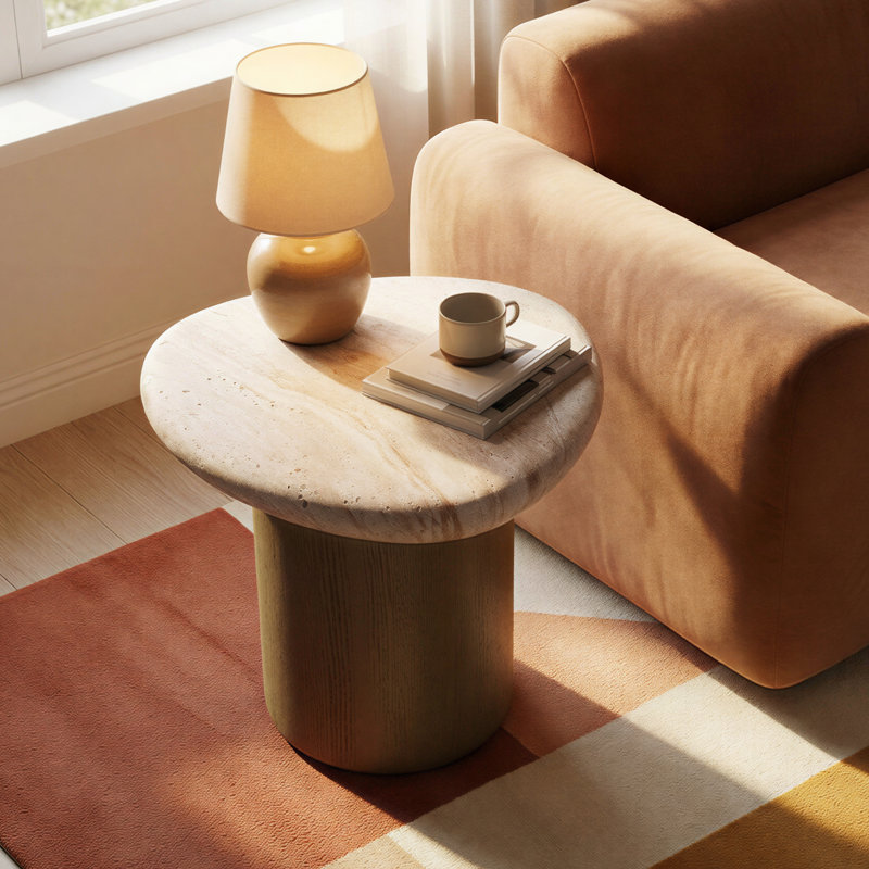 Marbello Nesting Table with Travertine Effect Concrete Top and Faux Wood Pedestal Indoor Outdoor Modern Design