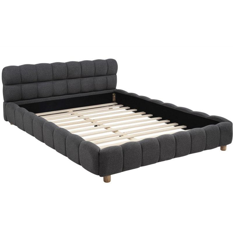 Lit plateforme tapissier en tissu gris pour grand lit, style moderne, profil bas, motif quadrillé, matériaux naturels, structure à profil requis en gris, avec revêtement en grille, fait de jute