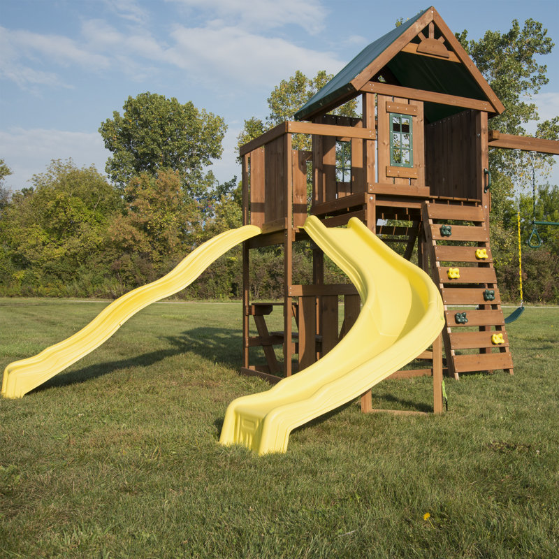 Castlebrook Wooden Swing Set with Yellow Slides and Climbing Wall