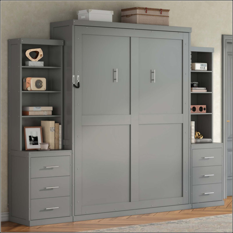 Lit escamotable avec tablettes de rangement et tiroirs Murphy, Full, Gray