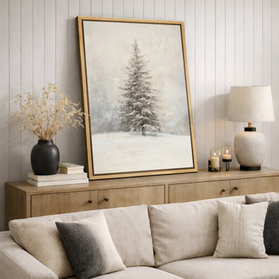 Œuvre de sapin enneigé enneigé, photos murales neutres de vacances rustiques modernes, impression sur toile encadrée