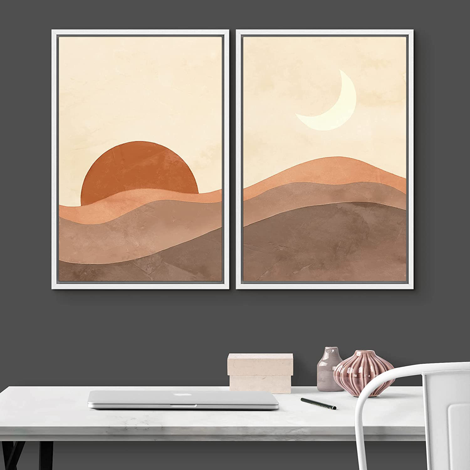 IDEA4WALL Framed Wall Art Print Set Rising Sun Crescent Moon Desert ...