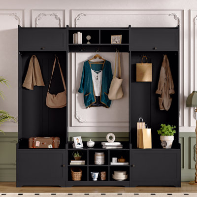 Arbre d'entrée de 79,1 po de largeur avec rangement pour chaussures, banc d'entrée 4 en 1 avec 8 casiers, 7 crochets à manteau et tablette réglable pour le couloir, le salon, noir